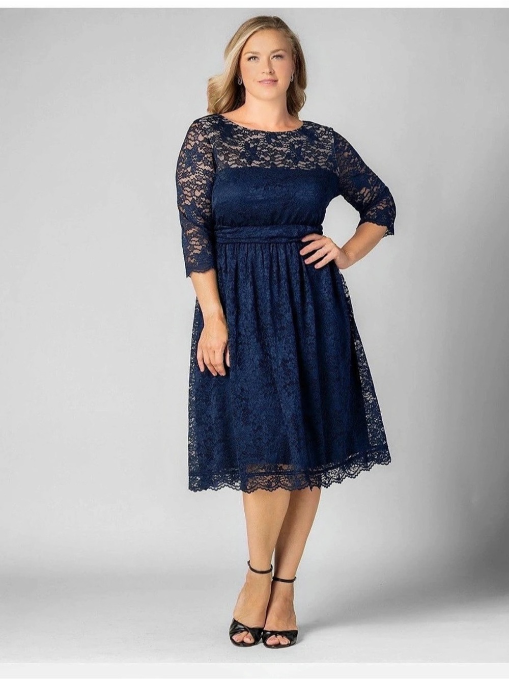 Kiyonna Mademoiselle Lace A-Line Dress Midi Dress Blue Size 2X